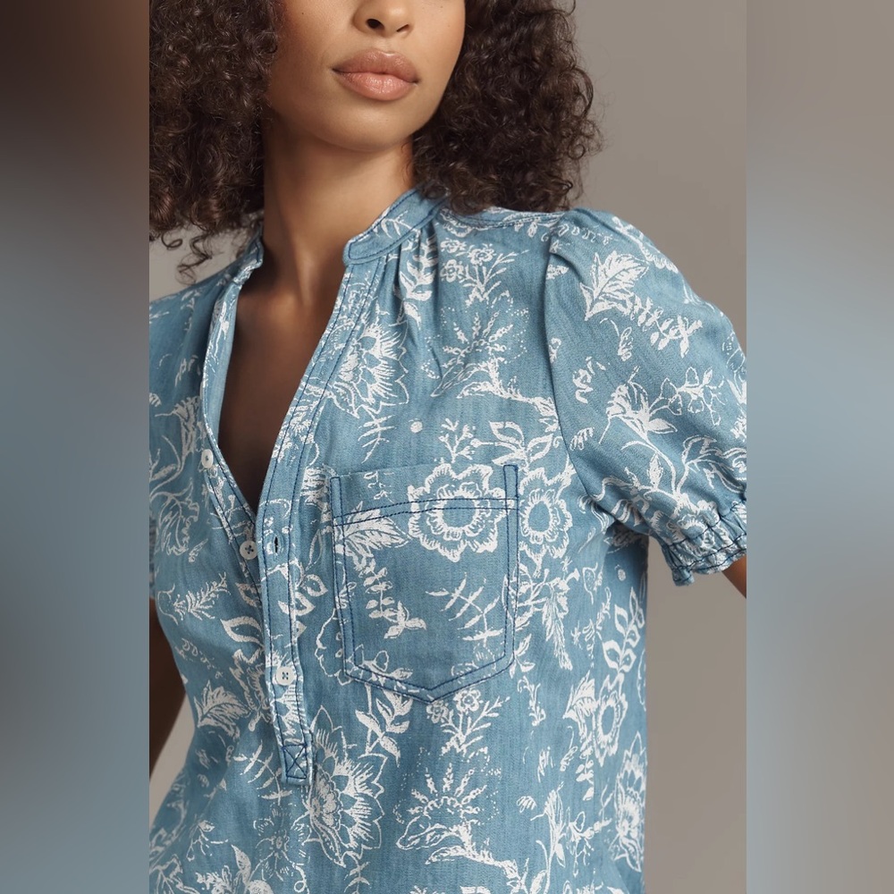 NWT Anthropologie Pilcro The Aly Puff-Sleeve Blouse in Light Denim, Size XS - Picture 4 of 7
